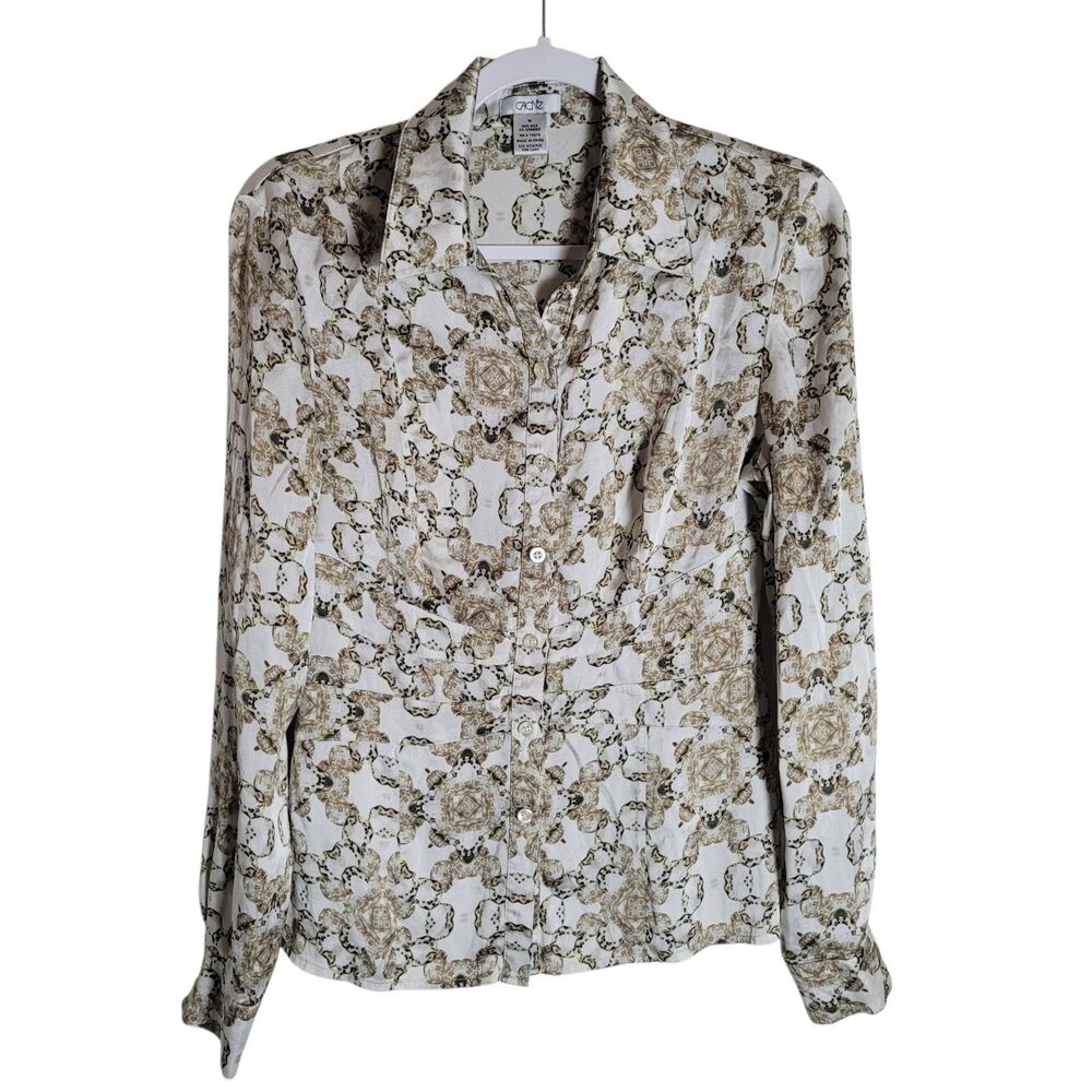 Cache‎ Silk Button Down Shirt Women's Size Medium White Tan Old Money Equestrian